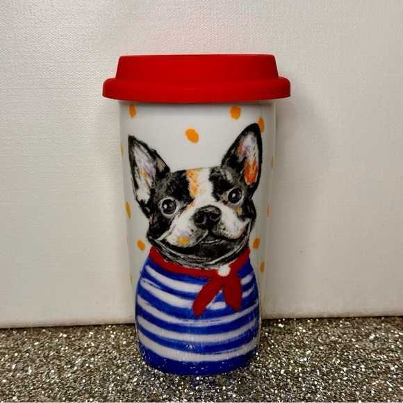 Pier 1 Retired Boston Terrier Ceramic Travel Mug with Red Silicone Lid - Picture 2 of 6